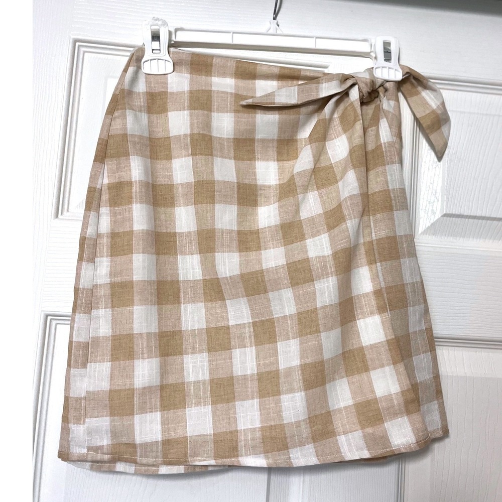 Gilli Tan/White Gingham Check Wrap Mini Skirt Side Tie Lined Picnic Boho S